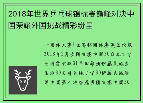 2018年世界乒乓球锦标赛巅峰对决中国荣耀外国挑战精彩纷呈